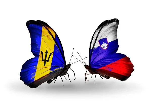 Butterflies with Barbados and Slovenia flags — Stock Photo, Image