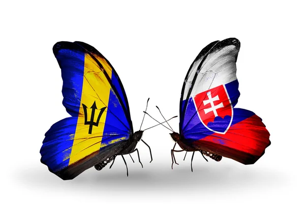 Butterflies with Barbados and Slovakia flags — Stock Photo, Image