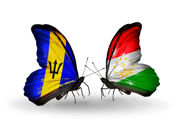 Kelebekler Barbados ve Tacikistan bayrağı ile — Stok fotoğraf
