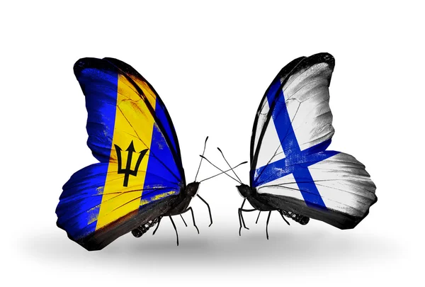 Farfalle con bandiere Barbados e Finlandia — Foto Stock