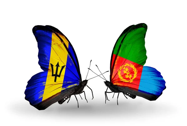 Butterflies with Barbados and Eritrea flags — Stock Photo, Image