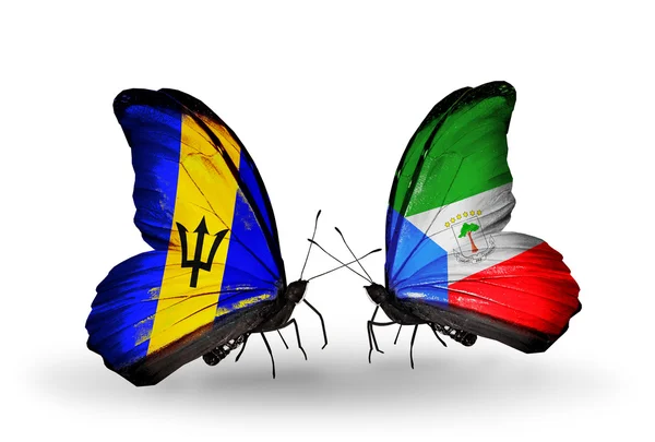 Butterflies with Barbados and Equatorial  flags — Stock Photo, Image