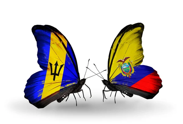 Farfalle con bandiere Barbados ed Ecuador — Foto Stock