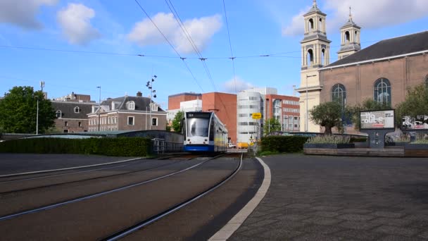 Tram Passing Visserplein Square Amsterdam Netherlands 2020 — Stock Video