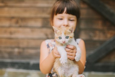 bir kedi onun kollarında holding neşeli küçük kız