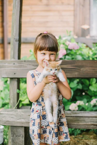 Mädchen spielt mit Kätzchen auf einer Bank — Stockfoto