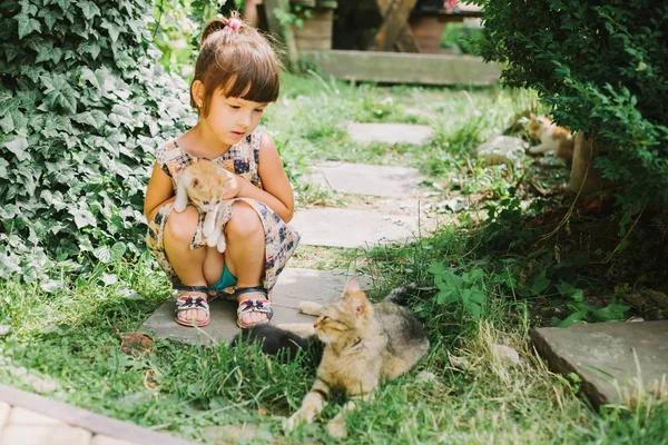 Flicka som leker med kattungar — Stockfoto