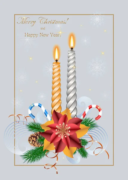 Weihnachtskomposition Für Eine Postkarte Kerzen Zapfen Tannenzweige Auf Hellgrauem Hintergrund — Stockvektor