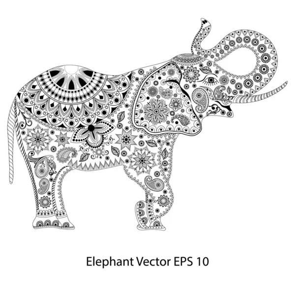 Elefante Dibujado Mano Con Patrón Garabato Floral Étnico Página Para Vector De Stock