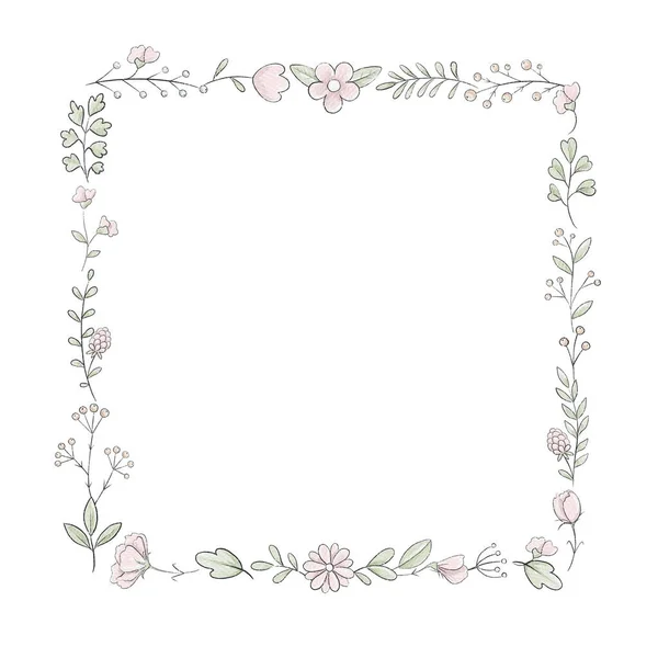 Square frame with varied simple small pink flowers, plants and leaves isolated on white background. Watercolor hand drawn illustration