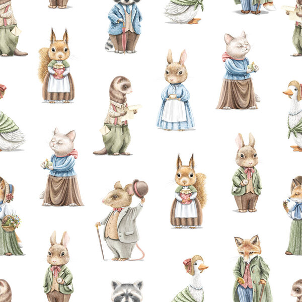 Seamless pattern with vintage, variety of cute animals in clothes isolated on white background. Watercolor hand drawn illustration sketch