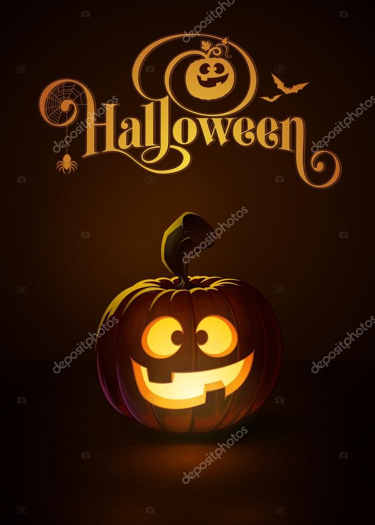 Vector illustration of a Happy jack-o-lantern glowing in the dark. Included a custom typography 