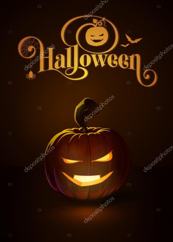 Vector illustration of a Smart Vampire jack-o-lantern glowing in the dark. Included a custom typography 