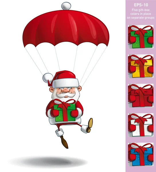 Ευτυχισμένος Santa - αλεξίπτωτο κρατώντας ένα δώρα — Διανυσματικό Αρχείο