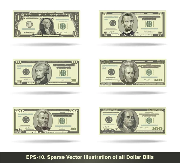 All Dollar Bills Flat — Stock Vector