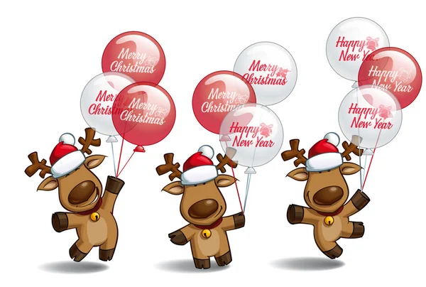 Christmas Elks Holding Balloons — Stock Vector