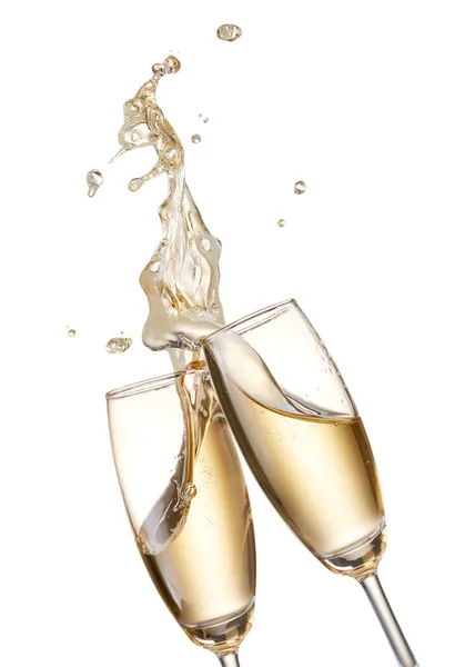 Twee Glazen Champagne Toasten Creëren Splash — Stockfoto