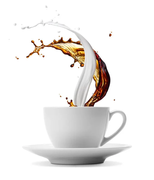 Tasse Kaffee Und Milchspritzer Isoliert Auf Weiß — Stockfoto