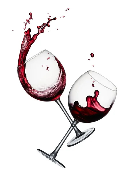 Two Glasses Splashing Red Wine Isolated White — Stock Photo, Image