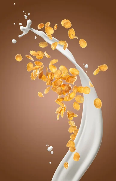 Corn Flakes Milk Splashing Brown Background Stock Image