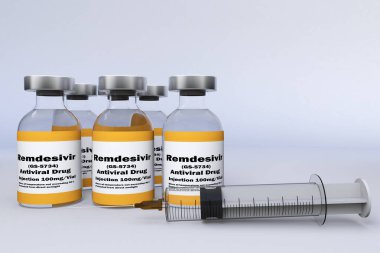 Coronavirus hastalığı 2019 COVID-19 tedavisinde 3 boyutlu RENDER ve bir şişe antiviral ilaç kalıntısı GS-5734.