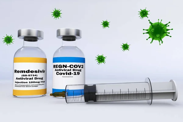 Şırınga ve bir şişe antiviral ilaç Regeneron REGN-COV2 Antiviral Antikorlar Kokteyl ve Remdesivir GS-5734 Coronavirus hastalığı 2019 COVID-19 yüzen virüs RENDER.