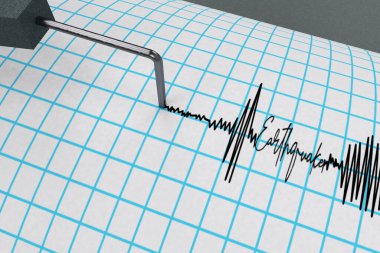 Sismograf sismik aktivite kalemini gösteren eğriyi izliyor. Deprem 3D RENDER sözcüğüyle davuldaki dalgaları kaydediyor..