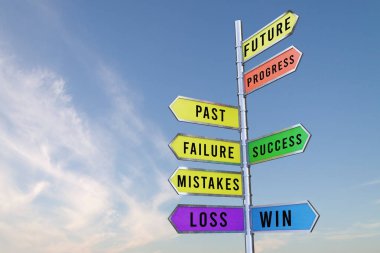 Koçluk dizini başarıyı gösteriyor. Kayıp gelecek okları mavi gökyüzü okları 3D RENDER.