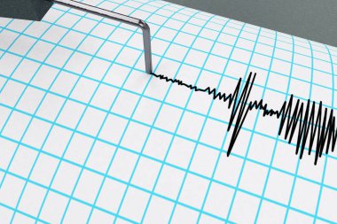 Seismograph tracing the curve that indicates seismic activity pen record the waves on the drum with word earthquake 3D RENDER. clipart