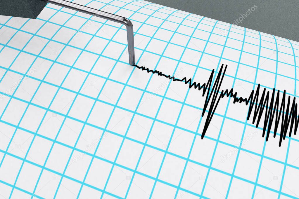 Seismograph tracing the curve that indicates seismic activity pen record the waves on the drum with word earthquake 3D RENDER.