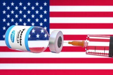 Pfizer and BioNTech american vaccine with a syringe and a container bottle in the treatment of coronavirus disease 2019 COVID-19 covid19 covid with United States of America USA flag as background 3D RENDER. clipart
