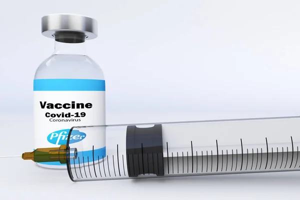Vacina Americana Pfizer Biontech Com Seringa Frasco Contêiner Tratamento Doença — Fotografia de Stock