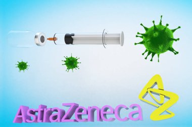 Coronavirus hastalığı 2019 COVID-19 covid19 covid 3 boyutlu RENDER tedavisinde şırınga ve konteyner şişesiyle Astrazeneca aşısı.