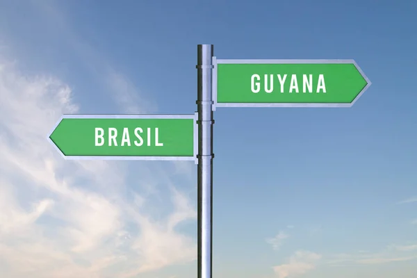 両国の国境の方向を示すサイン Brasil Guyana 3Dレンダリング — ストック写真