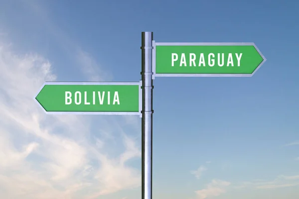 二国間の境界線の方向を示すサインBolivia Paraguay 3Dレンダリング — ストック写真