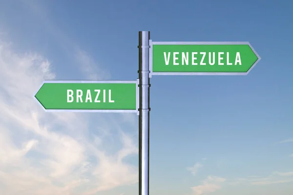 Firma Indicando Dirección Las Fronteras Entre Dos Países Brasil Venezuela — Foto de Stock