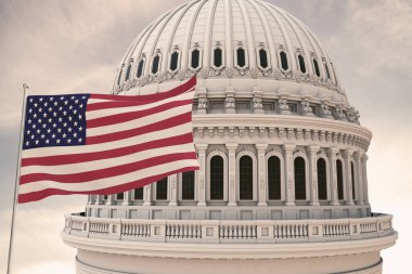 Beautiful flag of the United States of America waving with the strong wind and behind it the dome of the Capitol USA 3D RENDER, 3D RENDERING.	