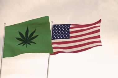 Amerika Birleşik Devletleri 'nin ilginç bayrakları ve arka planda parlak gökyüzü olan marihuananın yasallaşması..
