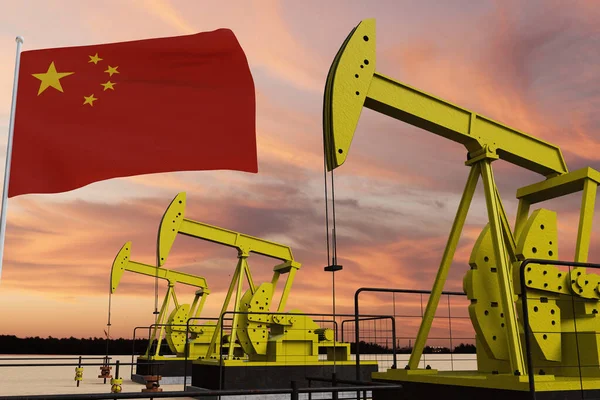 Nice pumpjack oil extraction and cloudy sky in sunset with the China flag.