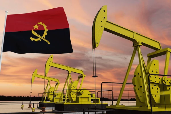 Гарний Видобуток Нафти Помпи Хмарне Небо Заході Сонця Прапором Анголи — стокове фото