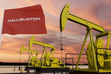 Güneş batarken Halliburton Amerika Birleşik Devletleri bayrağıyla güzel bir pompalama ve bulutlu gökyüzü..