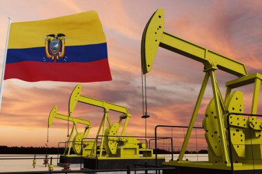 Güzel pompa yağı çıkarma ve Ekvador bayrağıyla gün batımında bulutlu gökyüzü..