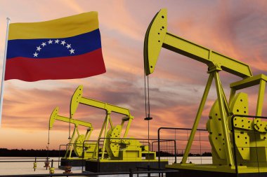 Güzel pompa yağı çıkarma ve Venezuela bayrağıyla gün batımında bulutlu gökyüzü..