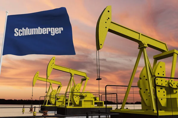 Gün batımında Schlumberger Amerika Birleşik Devletleri bayrağıyla güzel bir pompalama ve bulutlu gökyüzü..