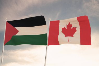 Filistin ve Kanada 'nın bayrakları bulutlu mavi gökyüzü arkaplanıyla dalgalanıyor..