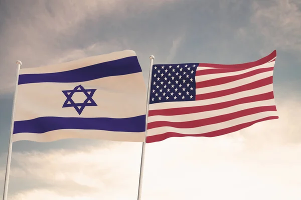 Прапори Ізраїлю Сполучених Штатів Америки Розмахують Хмарним Синім Небом Відступаючи — стокове фото