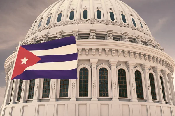 Hermosa Bandera Cuba Ondeando Con Fuerte Viento Detrás Ella Cúpula — Foto de Stock