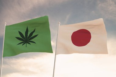 Japonların ilginç bayrakları ve arka planda parlak gökyüzü sallanan marihuananın yasallaştırılması..