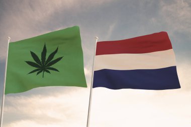 NETHERLANDS 'ın ilginç bayrakları ve arka planda parlak gökyüzü olan marihuananın yasallaşması..