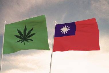 TAIWAN 'ın ilginç bayrakları ve arkasında parlak gökyüzü olan marihuananın yasallaşması..